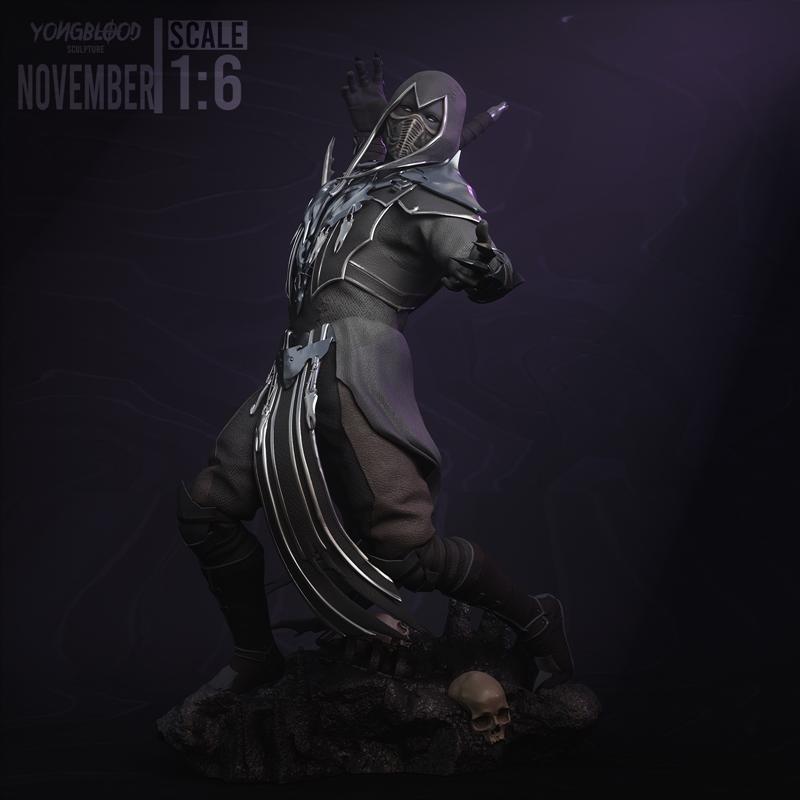 1:6 scale 3D model of Noob Saibot from Mortal Kombat, posed dynamically in dark ninja attire with a mask and hood, st...