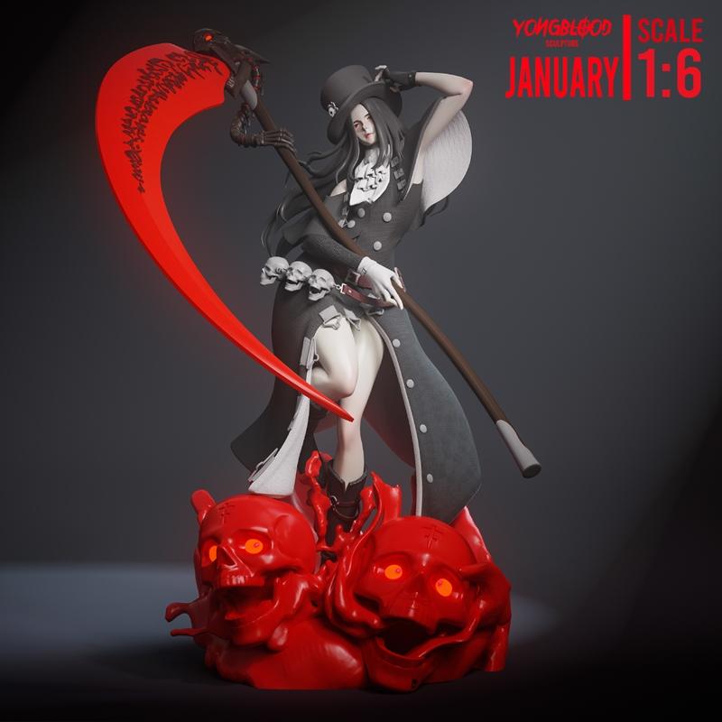 1:6 scale 3D print model of Testament from Guilty Gear, holding a glowing red scythe, wearing a top hat and gothic at...