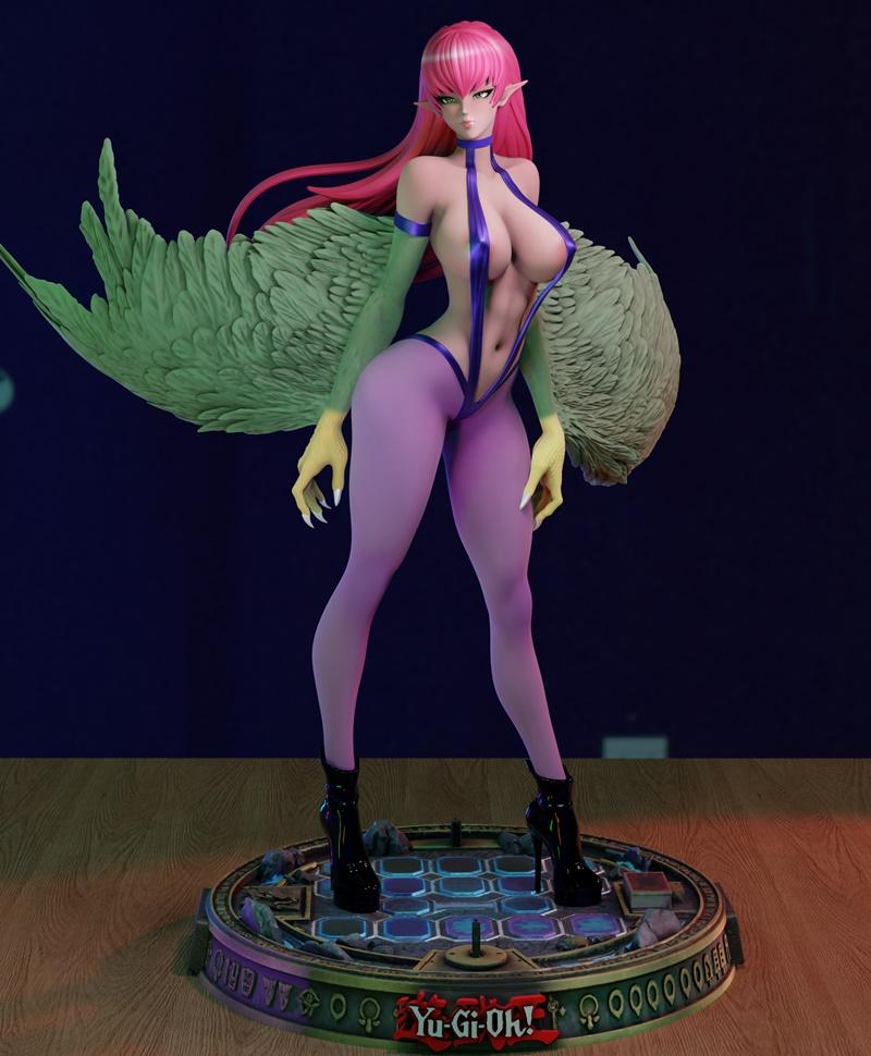 Momoji 3D model of a pink-haired Harpy from Yu-Gi-Oh! wearing a revealing purple and blue leotard, with large green w...
