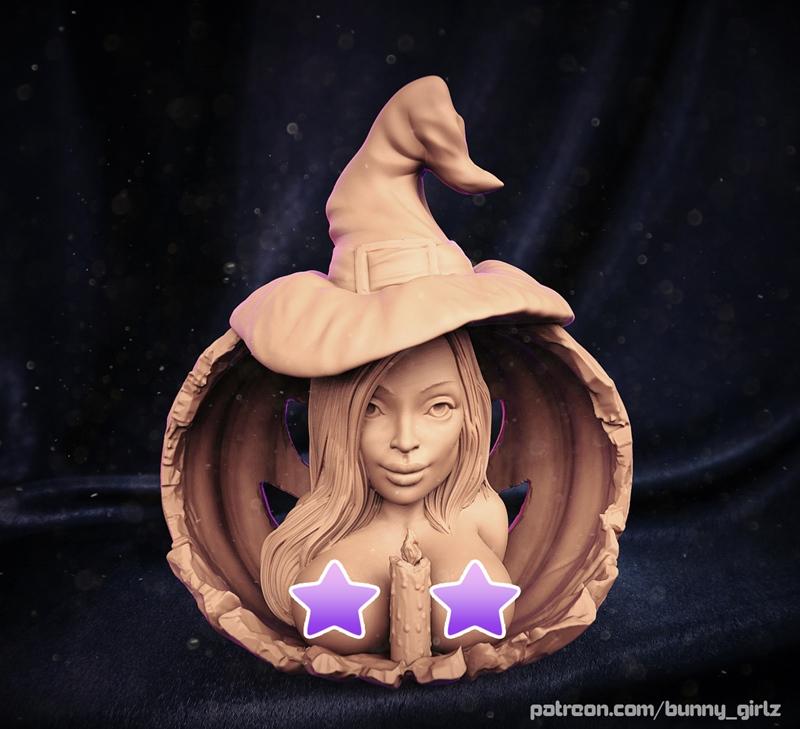 3D printable bust of Claire wearing a witch hat and emerging from a carved pumpkin, with a candle in front of her che...