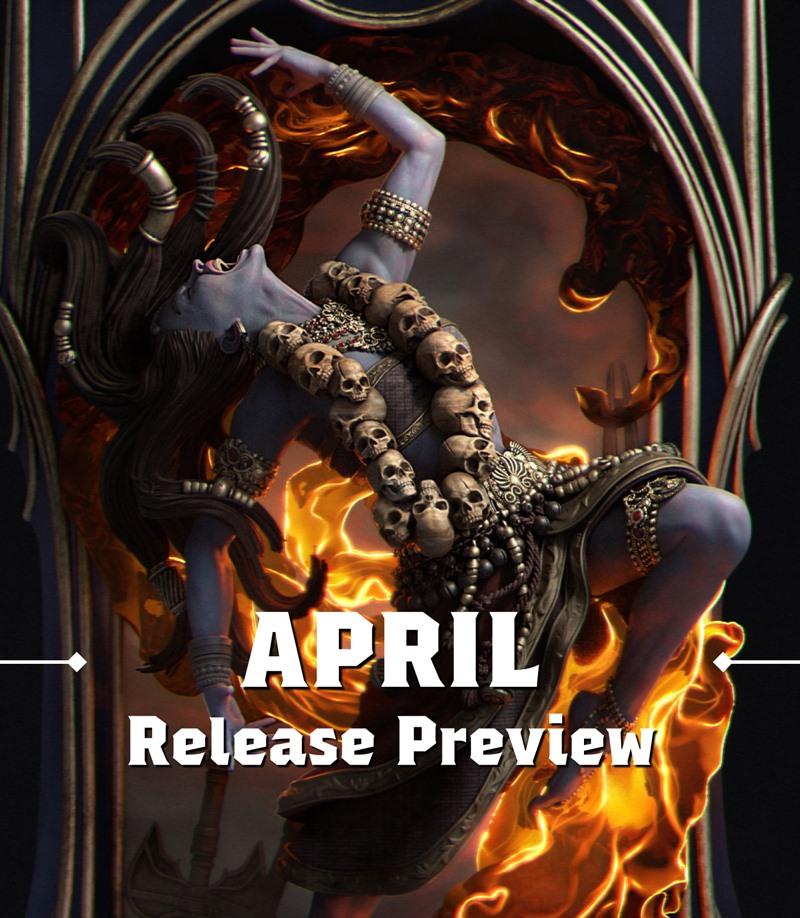 Blue-skinned female figure with horns and a skull necklace, dancing amidst flames. Detailed gothic and demonic aesthe...
