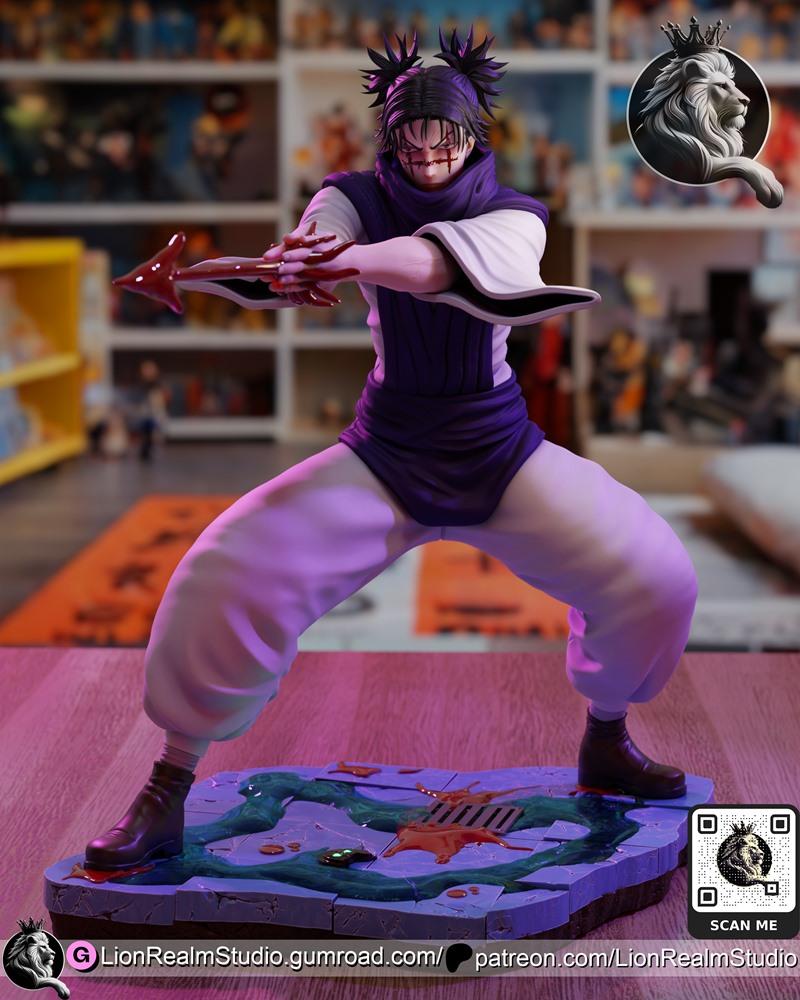 Choso from Jujutsu Kaisen in a low, wide combat stance, holding a red bladed weapon. He wears a purple and white outf...