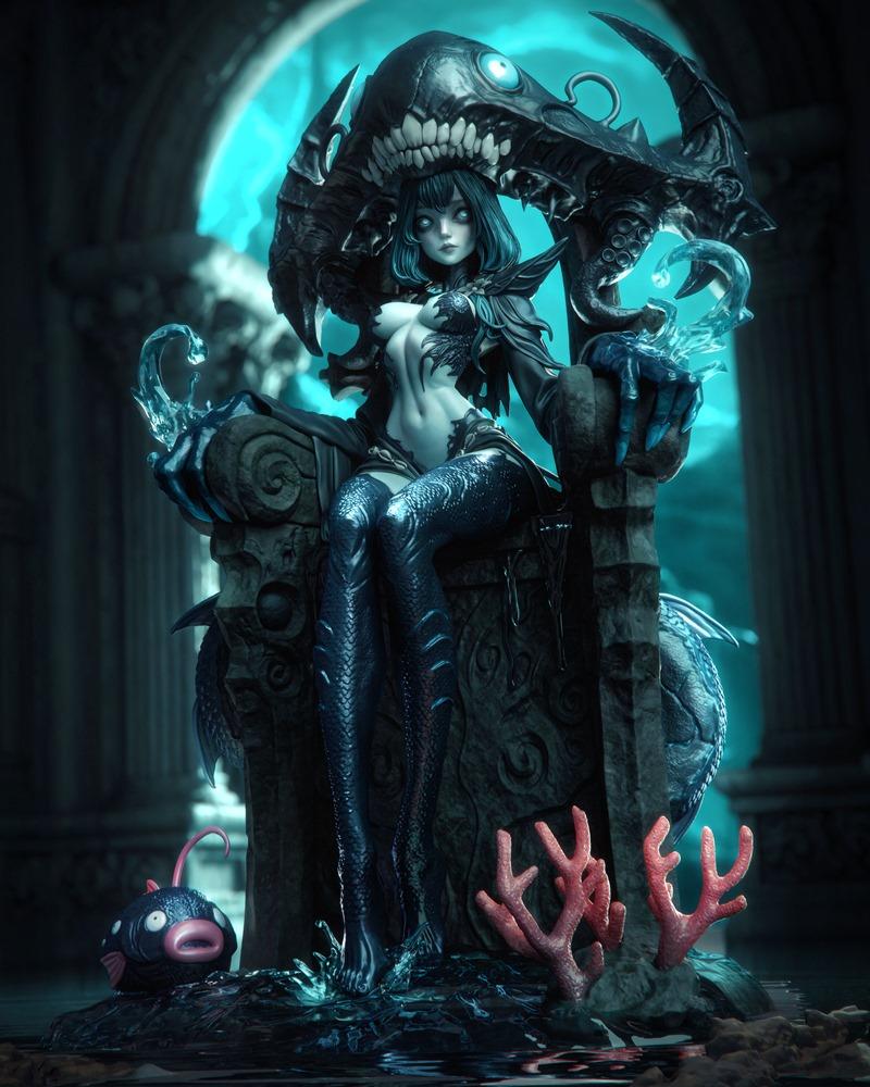 Azashara, a dark fantasy figure with blue hair and scaled legs, sits on a gothic throne holding a glowing orb. She we...