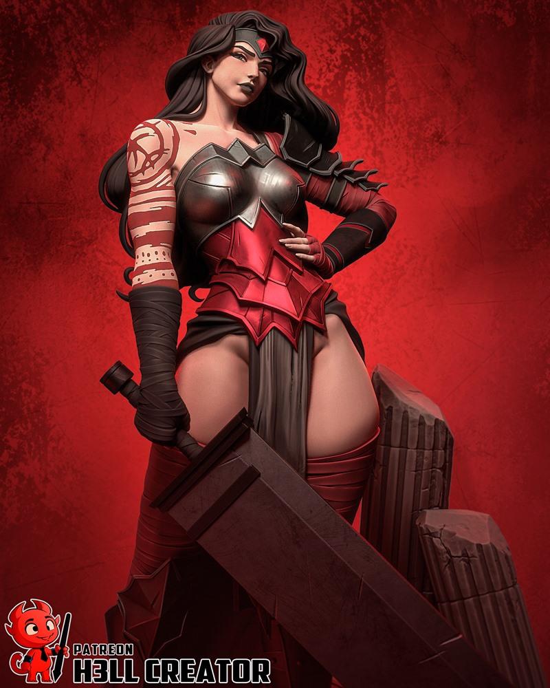 Wonder Woman figure in red and silver armor, holding a large sword, with tribal markings on her arm, posed heroically...