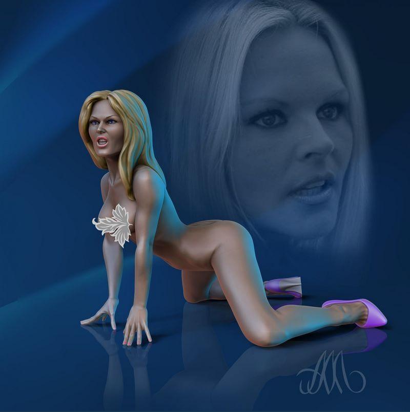 Katja Glieson 3D model figure in a crawling pose, wearing high heels and a leaf covering her chest, with a faint port...