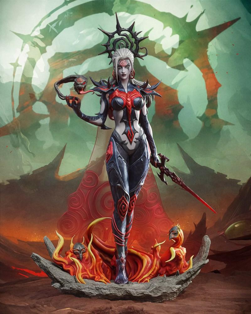 Hela figure in black and red armor, holding a serpent scepter and sword, standing on a fiery base. Dark fantasy aesth...