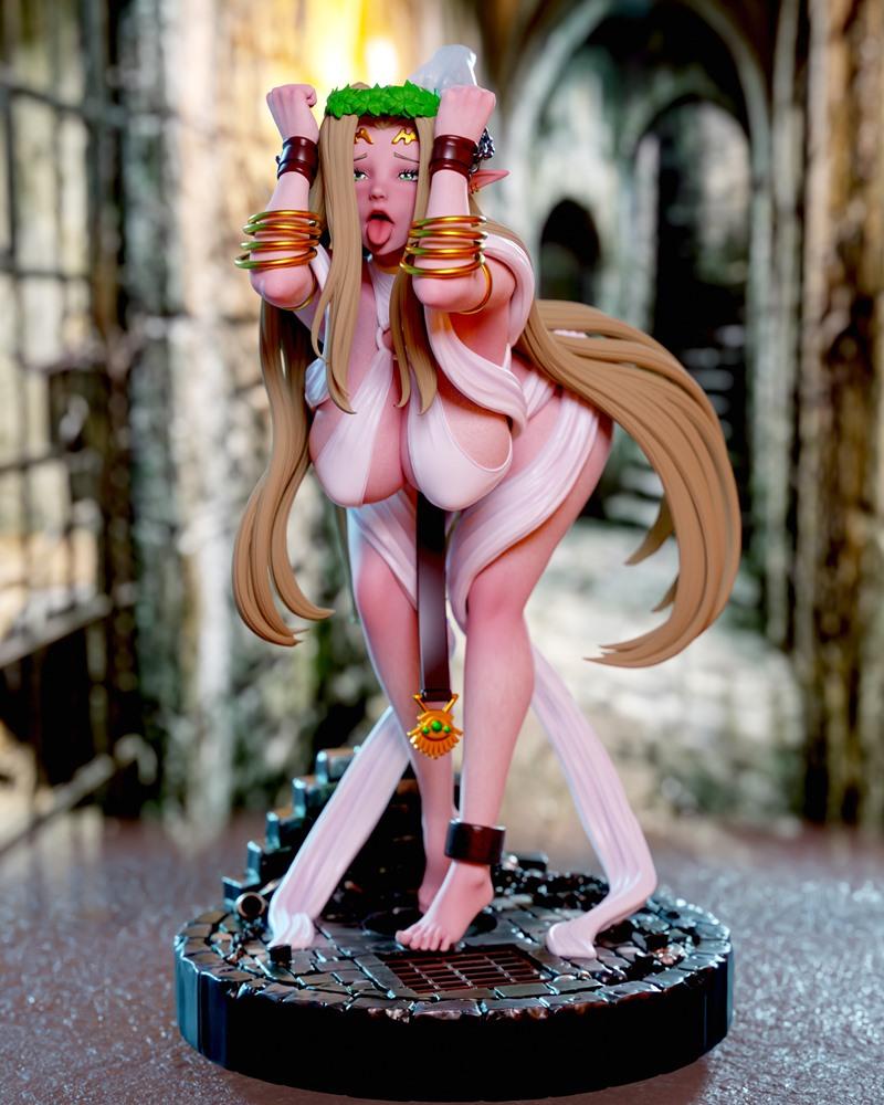 Fantasy elf figure 'Elfa lacross' by Momoji, wearing a white draped outfit and golden bracelets, with hands raised an...