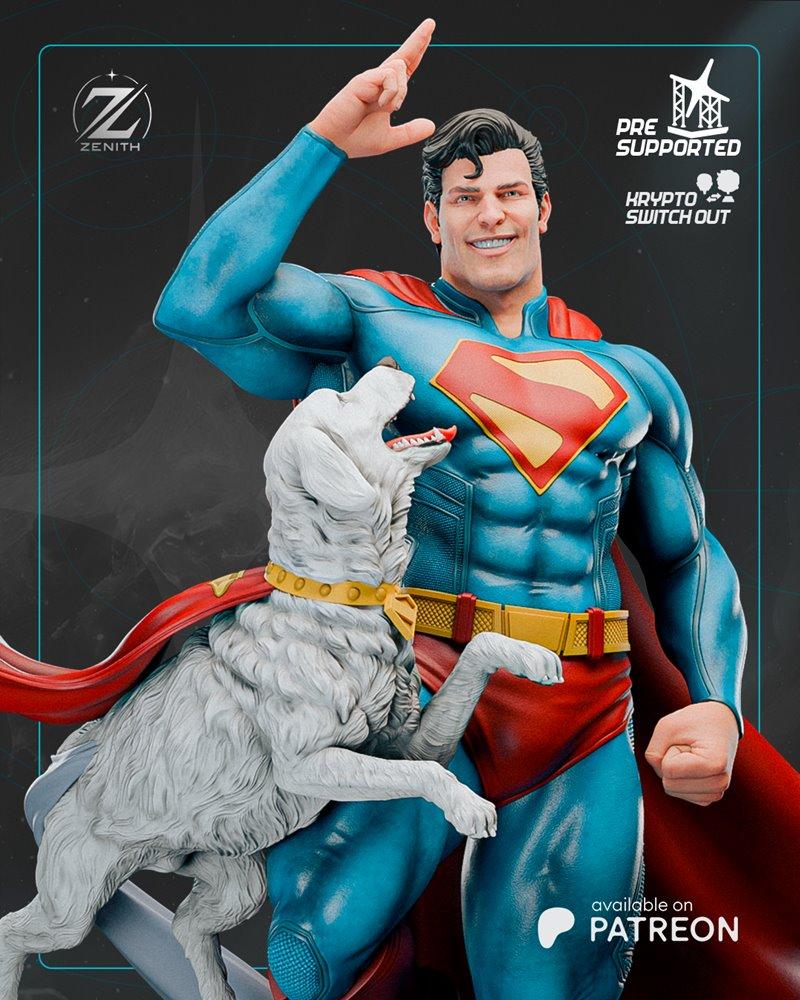 Superman striking a heroic pose with Krypto the Superdog at his side, both wearing capes. Superman wears his iconic b...