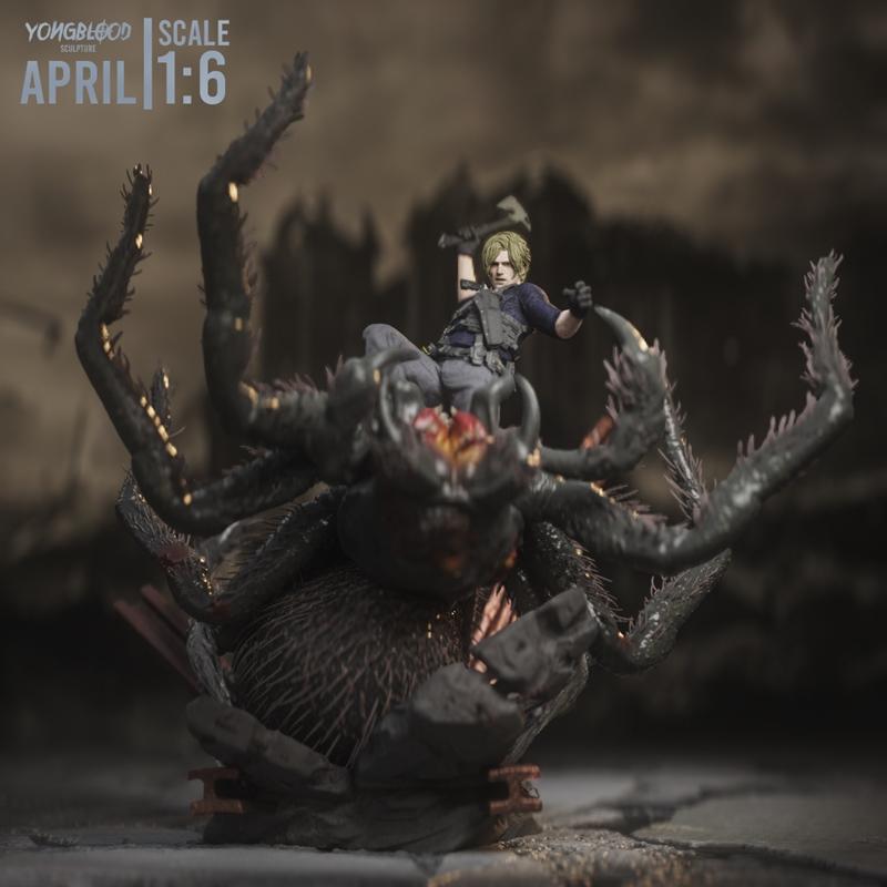 Leon S. Kennedy figure in tactical gear, mid-swing with an axe, perched atop a large, dark spider monster. 1:6 scale...