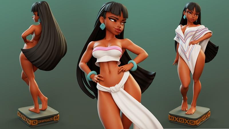 3D model of Chel from The Road to El Dorado, shown in three poses: side view, front view with hands on hips, and fron...