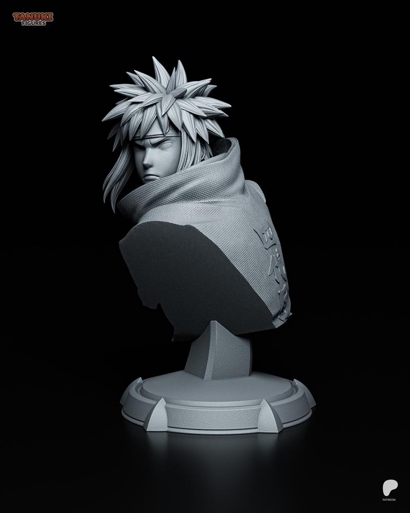 3D printable bust of Minato Namikaze from Naruto, featuring spiky blonde hair, a determined expression, and a hooded...