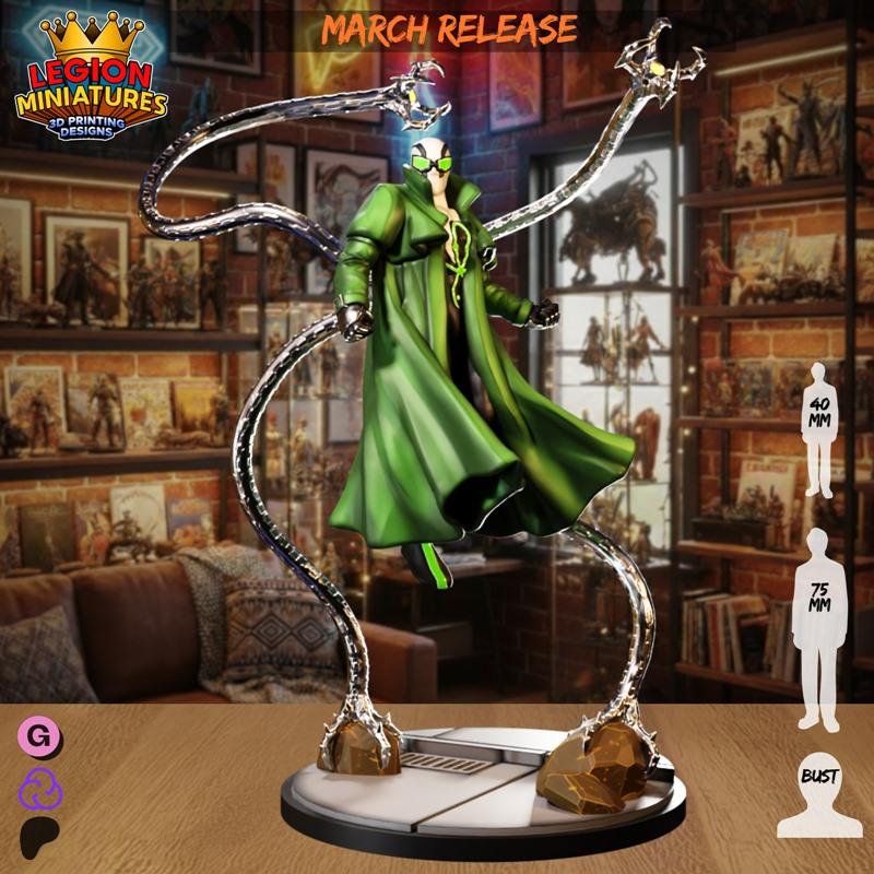 3D model of Doctor Octopus from Marvel, wearing a green coat and goggles, with four mechanical tentacles extended fro...
