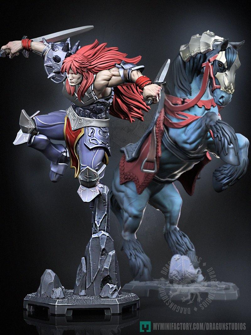 3D model of a fantasy warrior with red hair and armor, leaping with a sword and shield, next to a blue horse. By Drag...