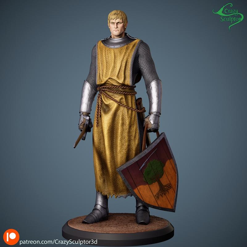 3D model of Duncan the Tall, a medieval knight in chainmail and a golden tabard, holding a shield with a tree emblem...