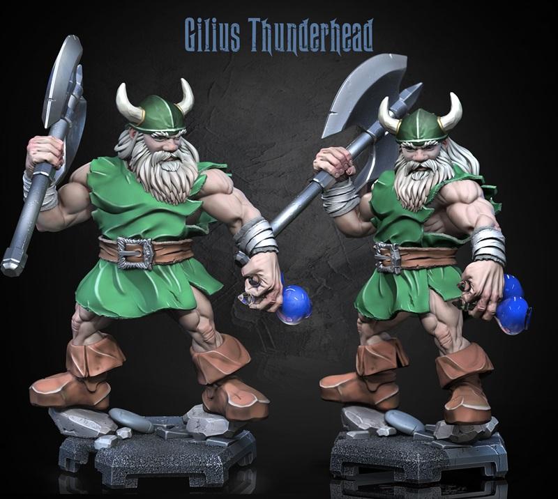 Gilius Thunderhead 3D model from Dragun Studios, a dwarf warrior with a white beard, green tunic, brown boots, and ho...