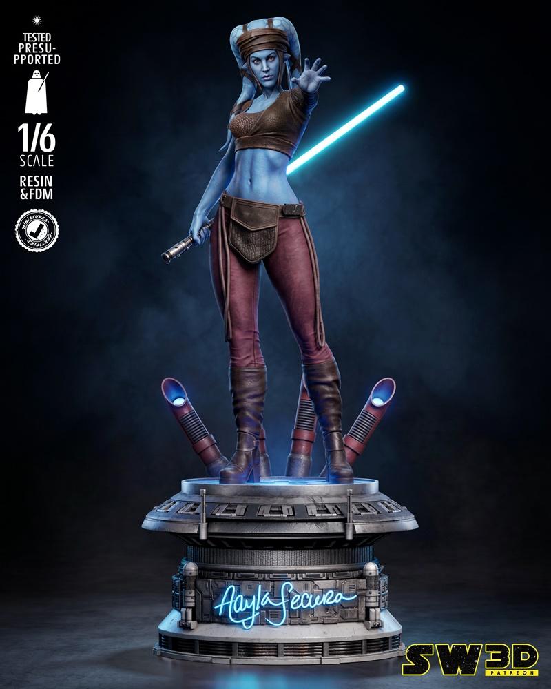 Aayla Secura, a blue-skinned Twi'lek Jedi, stands in a dynamic pose with a blue lightsaber ignited. She wears a brown...