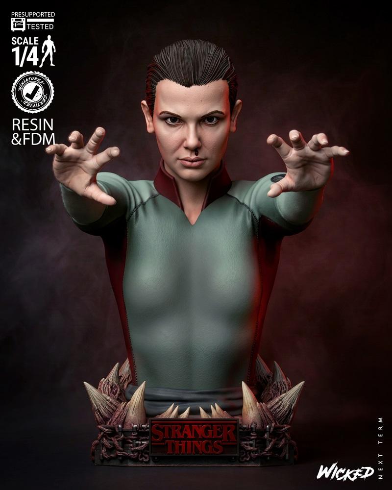 Bust of Eleven from Stranger Things, 1:4 scale, with outstretched hands and a nosebleed, on a base with sharp teeth a...
