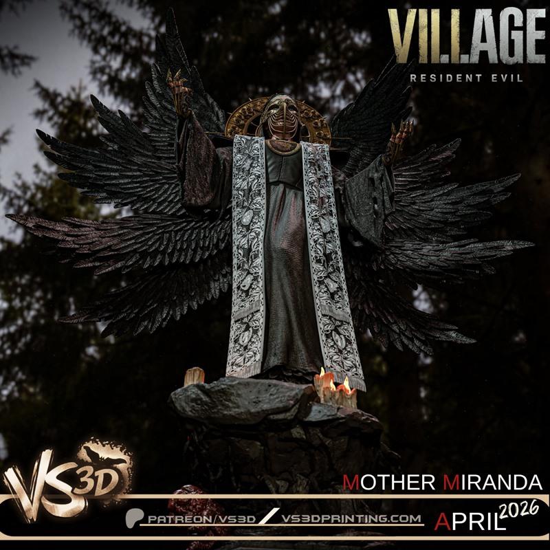 VS3D Mother Miranda 3D model figure with large black wings, golden halo, and ornate robe, standing on a rocky base wi...