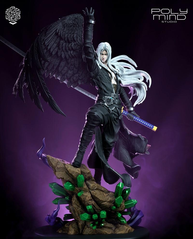Sephiroth figure with a black wing, holding a sword, standing on a crystal-covered rock formation. PolyMind Studio lo...