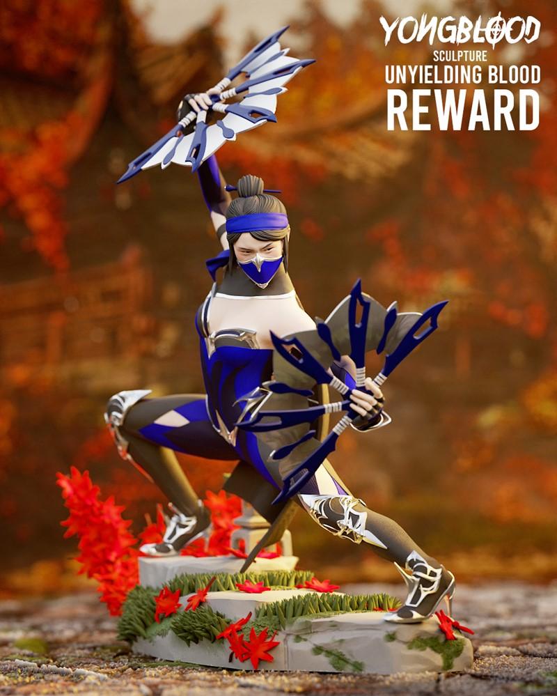 Kitana from Mortal Kombat 11 in a dynamic combat pose, holding two bladed fans. She wears a blue and black outfit wit...