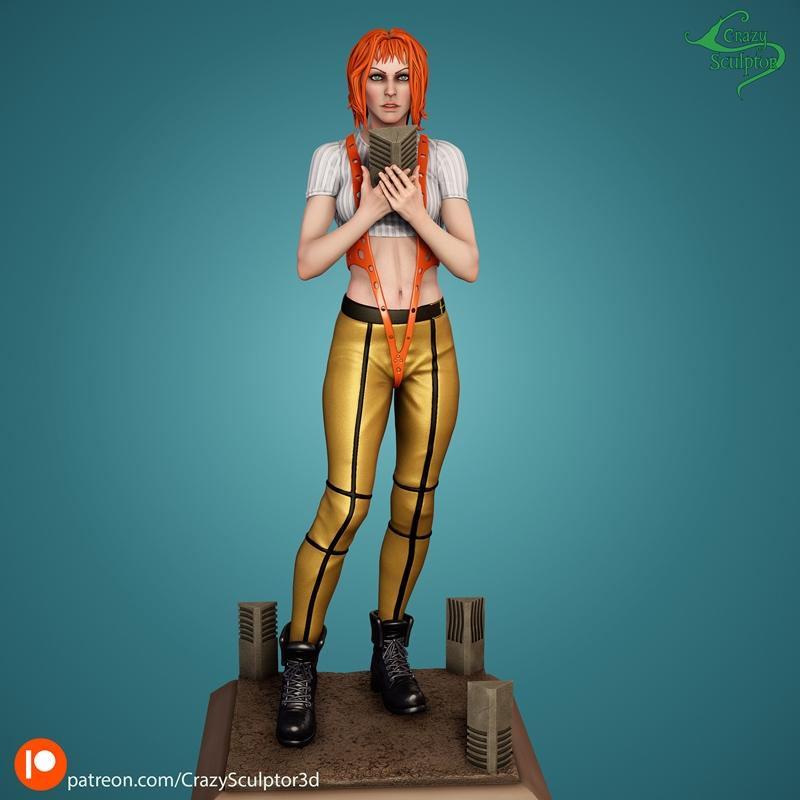 3D model figure of Leeloo from The Fifth Element, wearing gold pants, white crop top, and orange suspenders, holding...