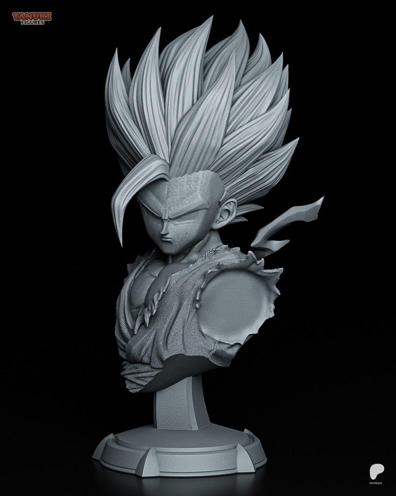 Gohan SSJ2 bust 3D model by Tanuki Figures, featuring spiky hair and torn clothing, presented on a detailed base.