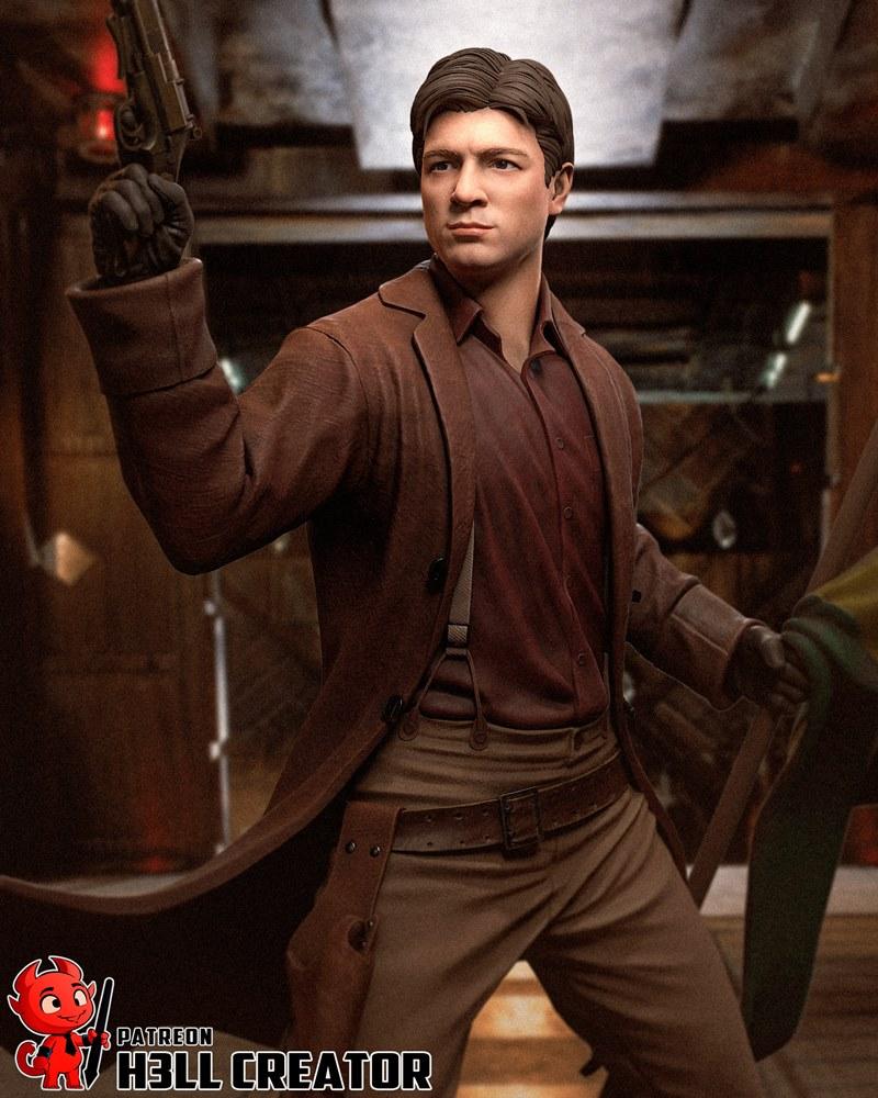 Captain Malcolm Reynolds, a male figure in a brown trench coat and maroon shirt, holding a pistol in his right hand....