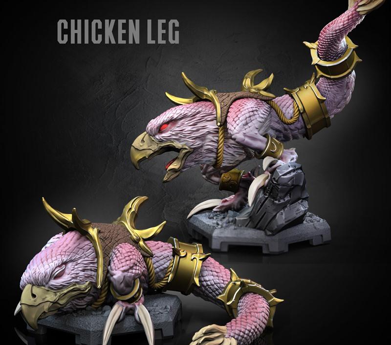 Two 3D printed figures of a fantasy creature with pink scales, golden armor, and sharp talons, posed on rocky bases....