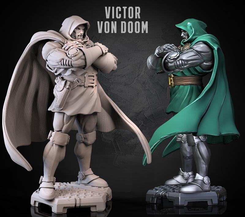 3D model of Doctor Doom by Dragun Studios, shown in two versions: one unpainted sculpt and one painted with a green c...