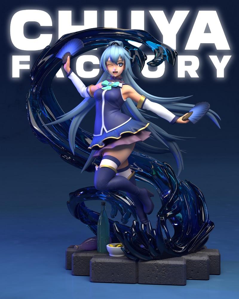 Aqua from KonoSuba striking a dynamic pose with a fan, surrounded by swirling blue water effects. She winks playfully...