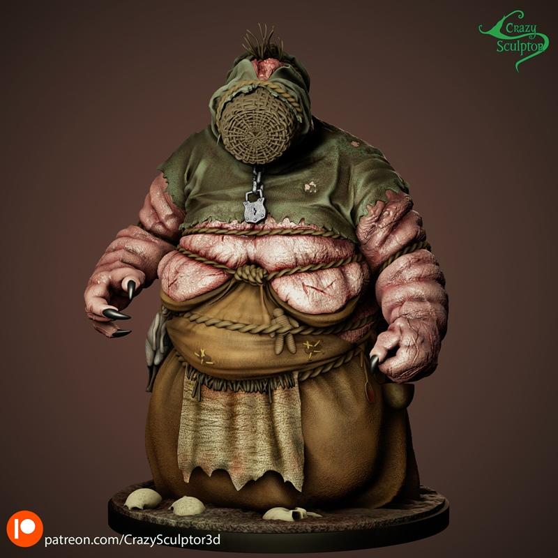 3D model of Brewess, a grotesque creature with a sack head, exposed belly, and tattered clothes, standing on a base....