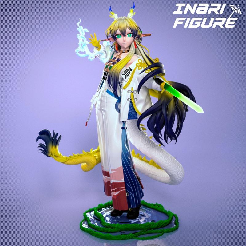 3D model figure of Arknights character Shu by Inari Figure, with yellow hair, green eyes, white robe, holding a glowi...
