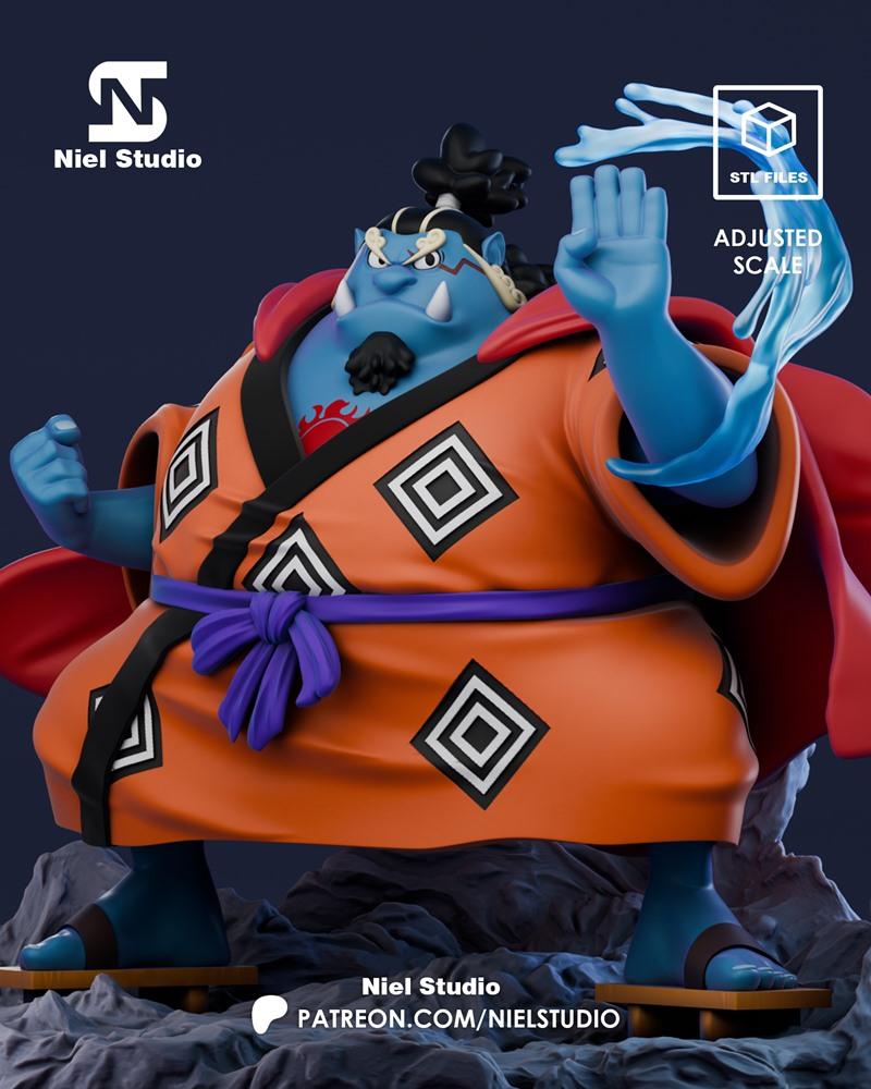 3D model of Jinbe from One Piece, a blue-skinned fish-man in an orange kimono, performing a water-based martial arts...
