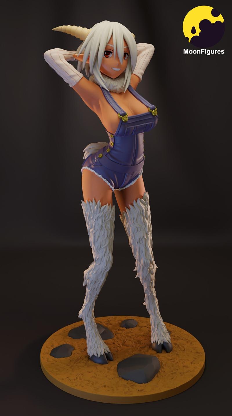 MoonFigures Saane 3D model: goat-girl character in short overalls and fluffy thigh-highs, hands behind head, standing...