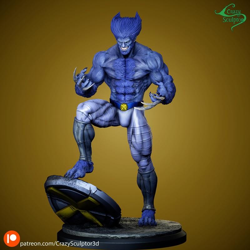Blue furred mutant character Beast from X-Men, crouching heroically on a base with an X-Men emblem, sharp claws exten...