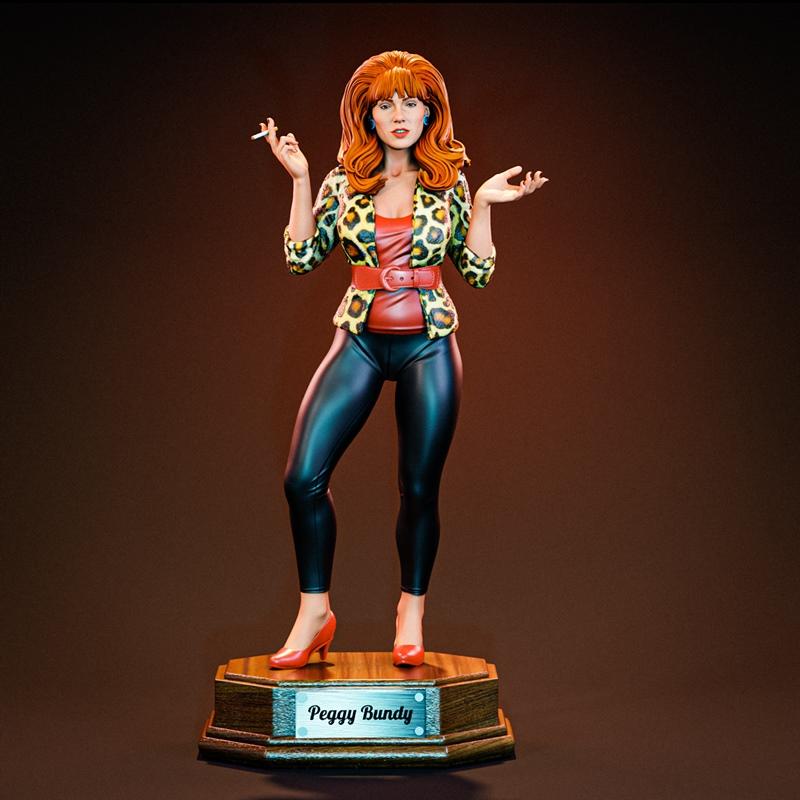 Peggy Bundy figure by BrunoArt3D, wearing a leopard print jacket, red top, black leggings, and red heels, holding a c...