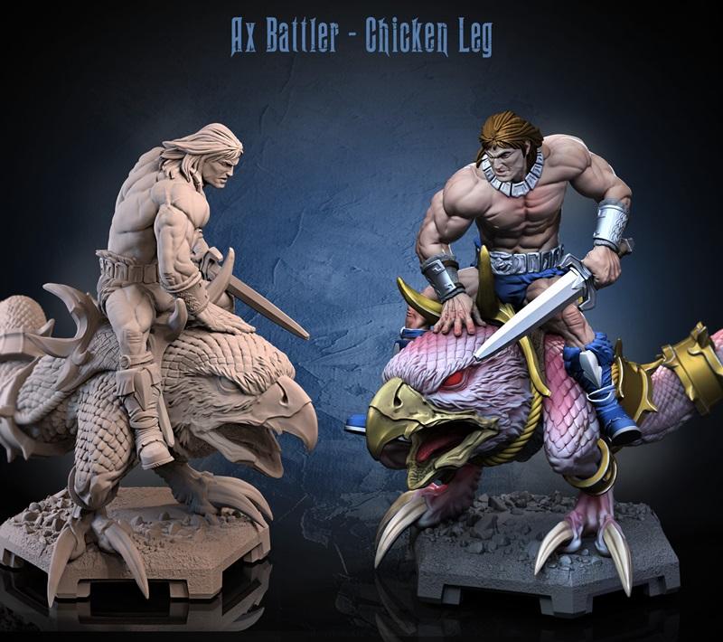 3D model of a muscular barbarian warrior riding a large, eagle-like creature with golden armor and red eyes. One vers...