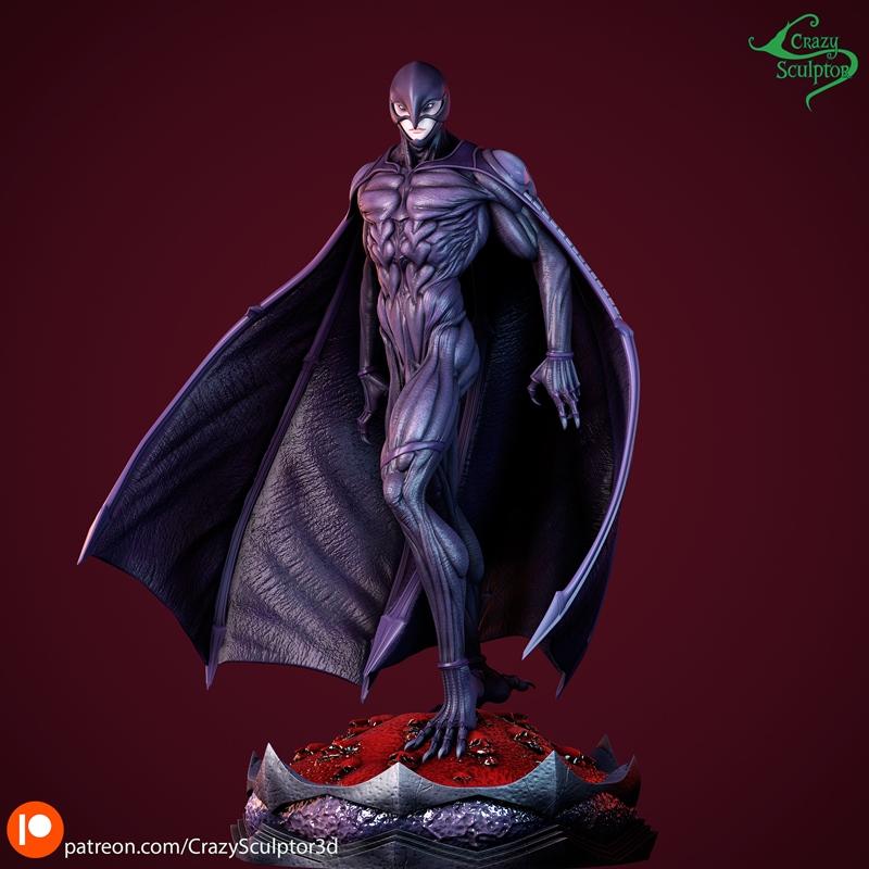 Crazy Sculptor 3D model of Femto from Berserk, a demonic figure with a mask, muscular body, and large dark wings, sta...