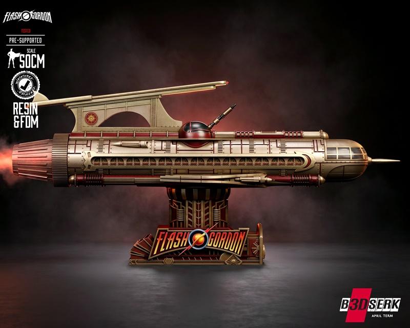 B3DSERK 50cm scale Flash Gordon spaceship, retro sci-fi design with art deco elements, displayed on a stand with Flas...
