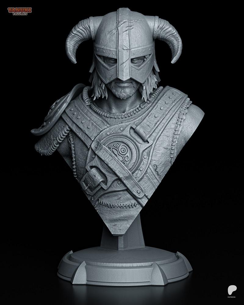 Dragonborn bust from Skyrim, wearing a horned helmet and detailed armor, presented on a stand. 3D model by Tanuki Fig...