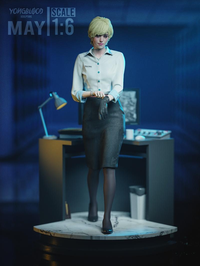 Sherry Birkin 3D model by Yongblood Sculpture, wearing a white shirt and dark skirt, putting on black gloves. Office...