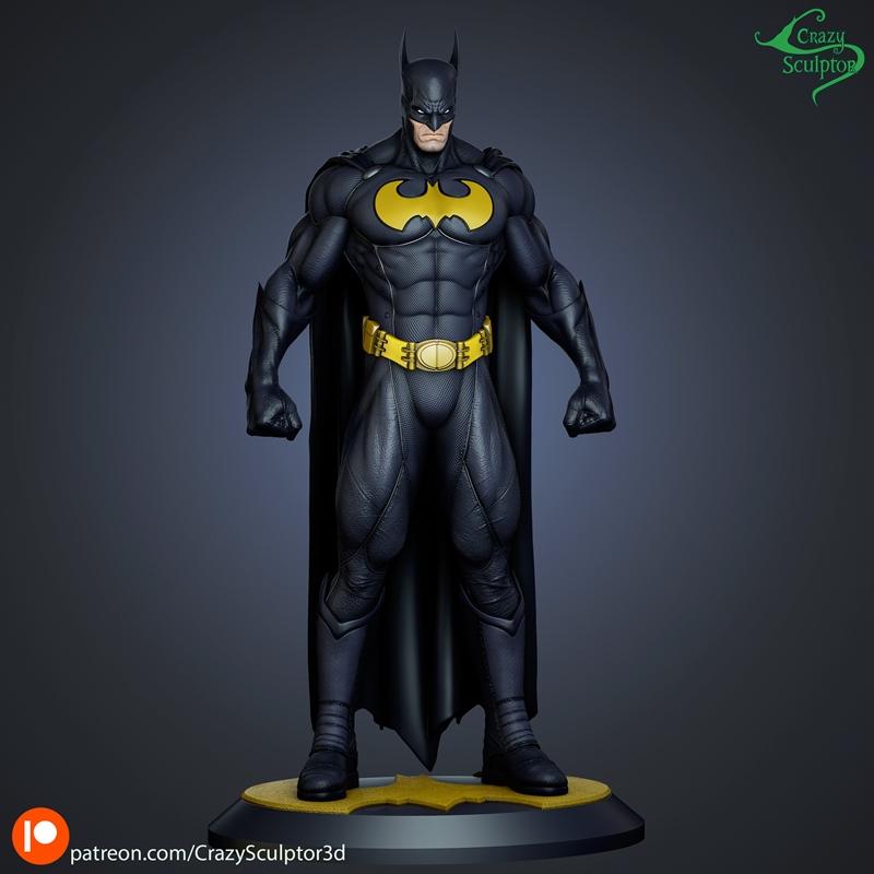 Batman figure in dark suit with yellow bat symbol and utility belt, standing heroically on a bat-shaped base. Created...