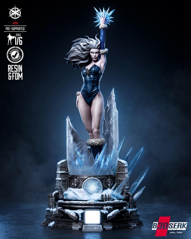 1/6 scale Killer Frost 3D model by B3DSERK, standing on an icy diorama base with a computer terminal, holding a burst...
