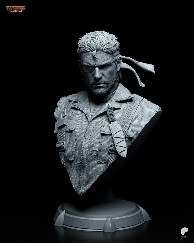 Bust of Big Boss from Metal Gear Solid, wearing a bandana and eyepatch, with a knife on his chest. Detailed military...