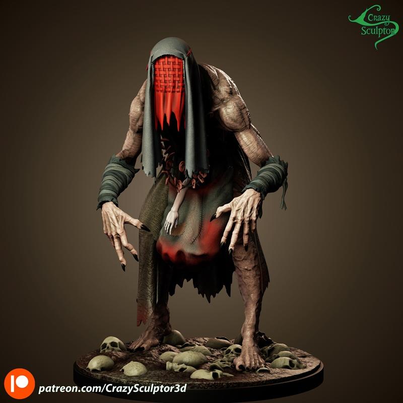 Horror figure of the Crones by Crazy Sculptor, standing on a skull-covered base. The figure wears a hooded cloth and...