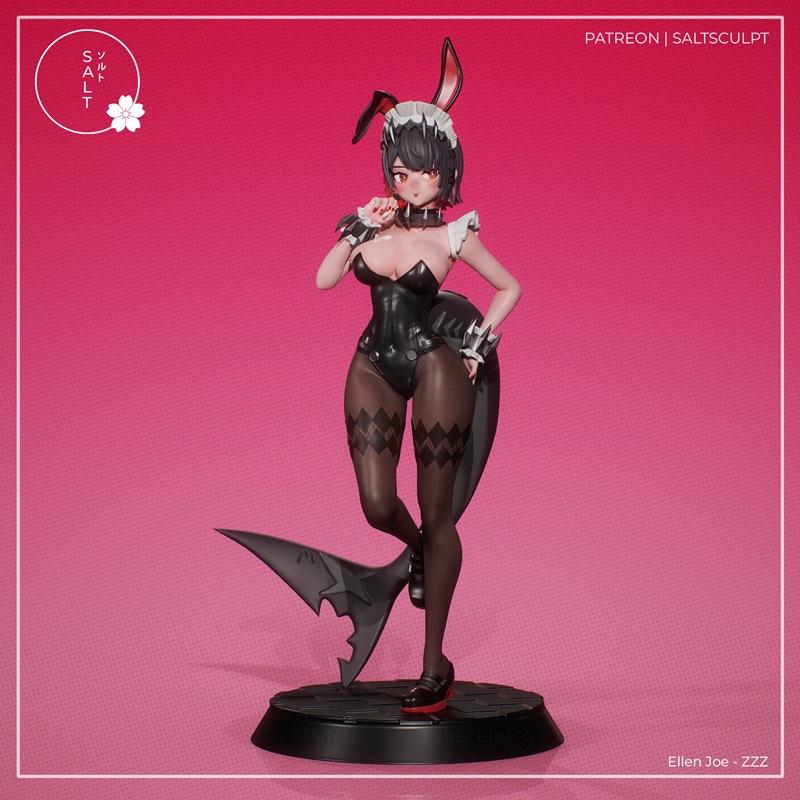 SaltSculpt 3D model of Ellen Joe in a black bunny girl outfit with maid accents, featuring bunny ears, thigh-high sto...