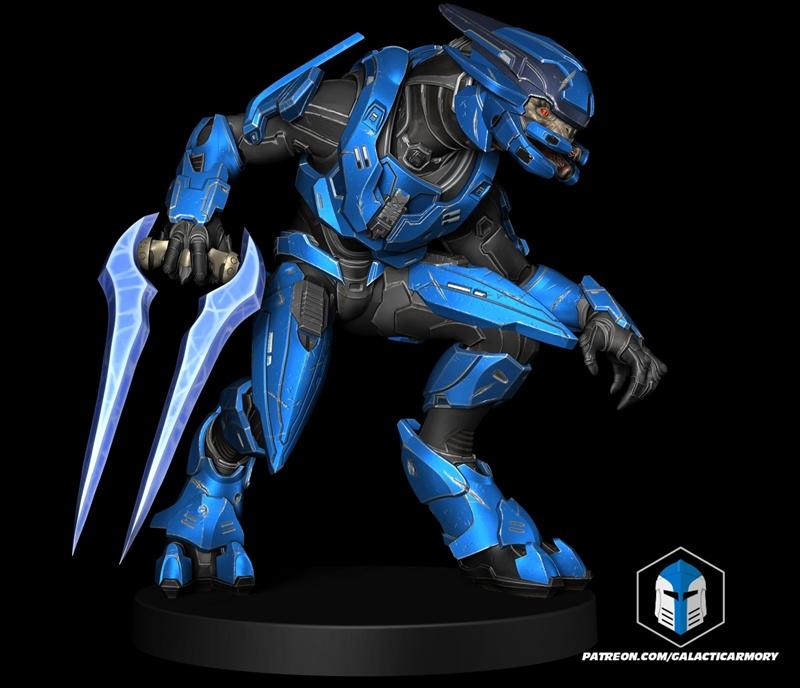 Crouching blue Halo Elite warrior holding a glowing energy sword, detailed sci-fi armor, 3D model by Galactic Armory.