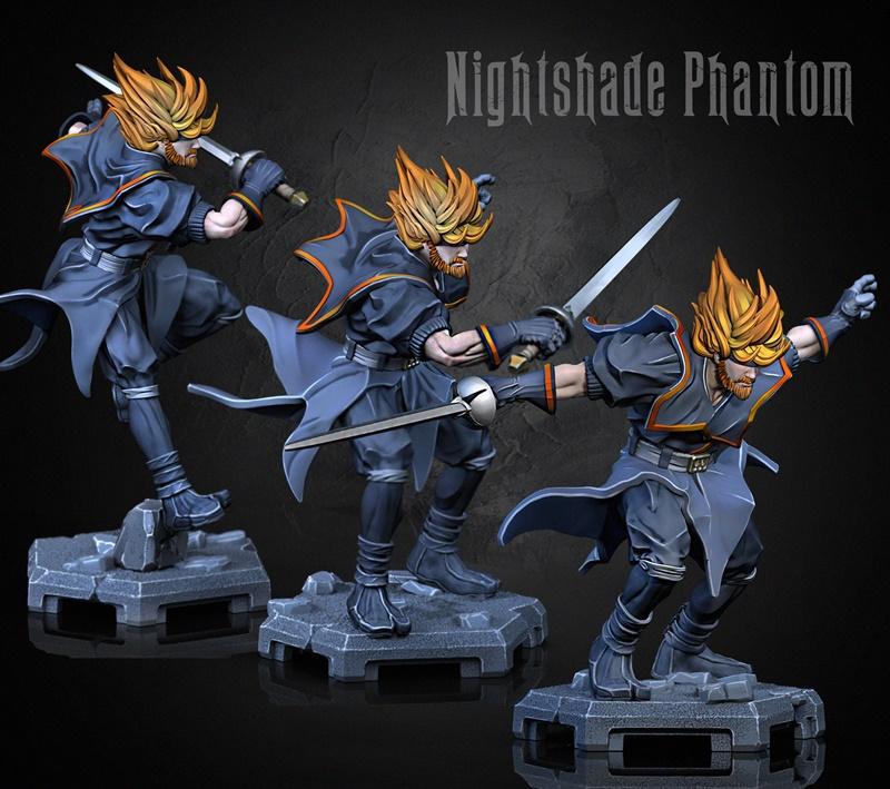 Three figures of the Nightshade BOSS character by Dragun Studios, each in a dynamic combat pose with swords, featurin...