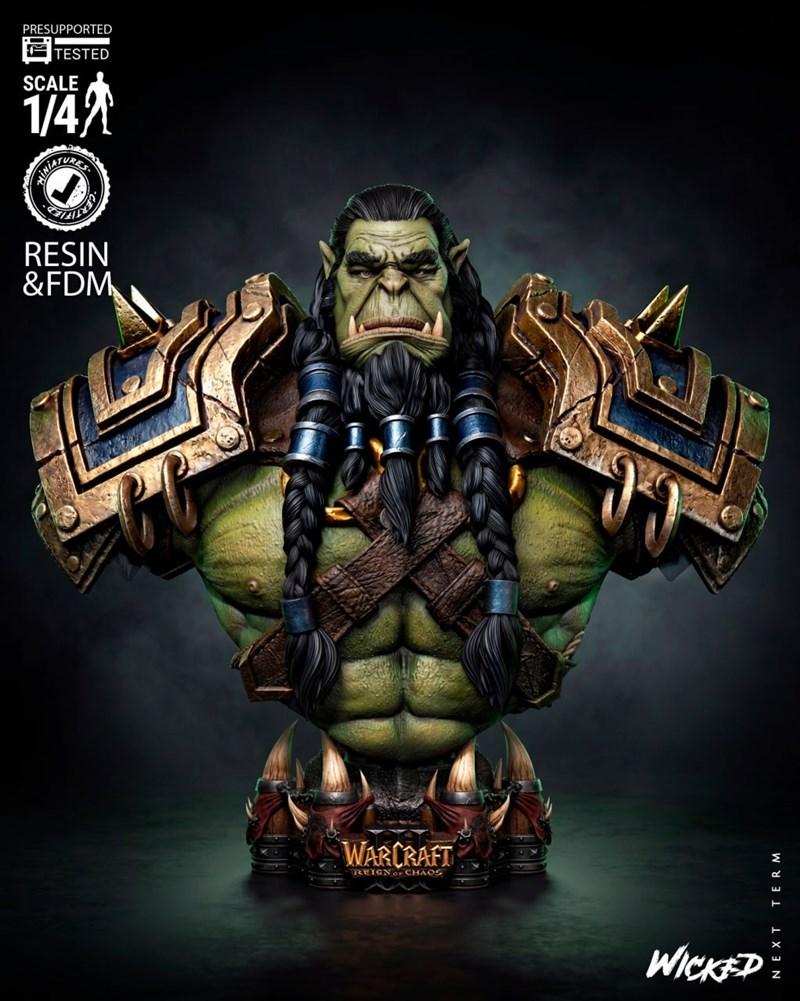 Warcraft Thrall bust by Wicked, 1:4 scale, green orc with braided hair and ornate armor, "Warcraft: Reign of Cha...