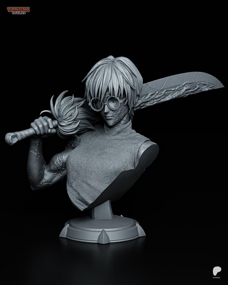 Bust of a female character with round glasses and spiky hair, holding a large sword over her shoulder. Scars are visi...